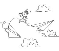 único desenho de linha de uma jovem mulher de negócios árabes, pulando de um acidente de vôo de avião de papel. desafio de negócios. conceito mínimo de metáfora. linha contínua moderna desenhar design gráfico ilustração vetorial vetor