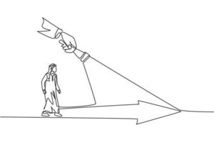 contínuo um desenho de linha de jovem trabalhador árabe do sexo masculino caminhando sob a luz brilhante de forma de seta. conceito minimalista de caminho de negócios de sucesso. ilustração do gráfico vetorial moderna de desenho de linha única vetor