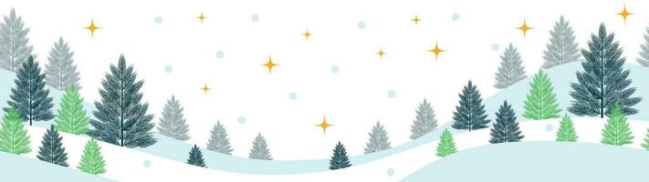 vetor inverno, Natal estação panorama. grandes fundo ou bandeira com abeto, abeto ou noel árvore, estrelas e neve