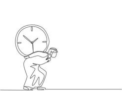 contínua uma linha de desenho jovem trabalhador árabe com as costas apoiada no ombro de um grande relógio analógico pesado. conceito de metáfora de disciplina de tempo de negócios. ilustração gráfica do vetor do desenho do desenho de linha única.