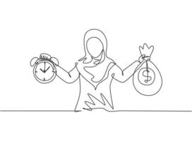 contínua uma linha de desenho jovem trabalhadora árabe segurando a bolsa de dinheiro e o despertador com as mãos. conceito de negócio de metáfora do minimalismo. ilustração gráfica do vetor do desenho do desenho de linha única.