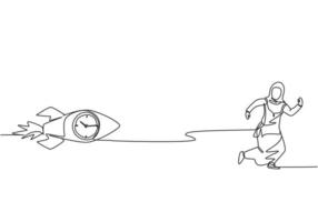 única linha contínua desenho jovem mulher de negócios árabe perseguida por um foguete voador com relógio analógico dentro. conceito minimalista de gerenciamento de horas de ponta. uma linha desenhar ilustração em vetor design gráfico.