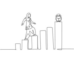 contínua uma linha desenho jovem trabalhadora árabe caminhando na barra do gráfico para alcançar o despertador. conceito de metáfora de disciplina de tempo de negócios. ilustração gráfica do vetor do desenho do desenho de linha única.