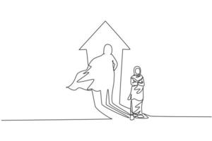 um desenho de linha contínuo de uma jovem trabalhadora árabe reflete a sombra do super-herói na parede. conceito minimalista de gerente de negócios de sucesso. ilustração do gráfico vetorial moderna de desenho de linha única vetor