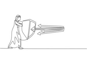 contínua uma linha desenho jovem trabalhador árabe do sexo masculino proteger a ameaça usando escudo, metáfora. conceito minimalista de estratégia de negócios de sucesso. ilustração do gráfico vetorial moderna de desenho de linha única vetor