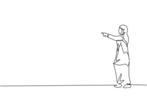 contínua uma linha desenho jovem trabalhadora árabe apontando o dedo para direcionar seu empregado. conceito minimalista de gerente de negócios de sucesso. ilustração do gráfico vetorial moderna de desenho de linha única vetor