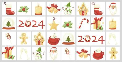 Natal advento calendário dentro desenho animado estilo com festivo ícones. Natal poster, modelo, bandeira com Natal elementos dentro moderno estilo. vetor plano ilustração.