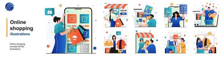 conjunto isolado de compras online. os clientes escolhem e pagam as compras no local. coleção de pessoas de cenas em design plano. ilustração vetorial para blog, site, aplicativo móvel, materiais promocionais. vetor