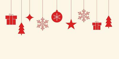 alegre Natal bandeira fundo vermelho flocos de neve e bolas e estrelas com caixa vetor
