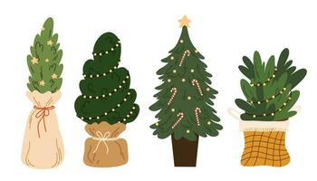 Natal árvores conjunto decorado com festivo bugigangas, festão. natal abeto com festivo decoração, tradicional feriado, pinho galhos dentro construir papel. artificial abeto em ficar em pé. vetor ilustrações