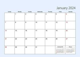 parede calendário planejador para janeiro 2024. Inglês linguagem, semana começa a partir de Domingo. vetor
