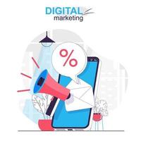 conceito isolado dos desenhos animados de marketing digital. promoção online e atração de compradores com venda, cena de pessoas em design plano. ilustração vetorial para blog, site, aplicativo móvel, materiais promocionais. vetor