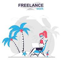 freelance trabalho isolado conceito cartoon. mulher trabalhando no laptop na praia, cena de pessoas freelancer em design plano. ilustração vetorial para blog, site, aplicativo móvel, materiais promocionais. vetor