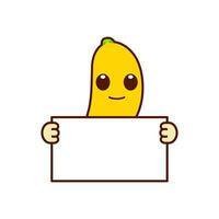 fofa banana personagem segurando uma em branco placa vetor