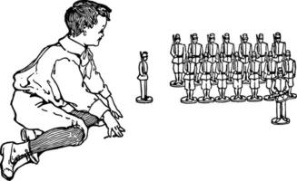 criança jogando com brinquedo soldados vintage ilustração. vetor