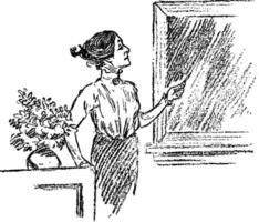 mulher olhando pela janela, ilustração vintage vetor