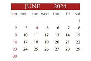 Junho 2024 calendário por mês planejador começar domingo modelo vetor. vetor