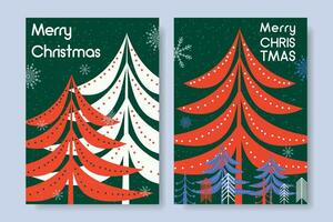 abstrato Natal cartões em uma verde fundo com abeto árvores alegre Natal. vetor