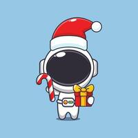 fofa astronauta segurando Natal doce e presente. fofa Natal desenho animado personagem ilustração. vetor