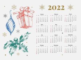 2022 a semana do calendário do esboço do ano novo da árvore de natal começa no domingo. vetor