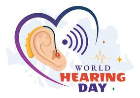 mundo audição dia vetor ilustração em 3 marcha para levantar consciência em quão para evita surdez e orelha tratamento dentro plano cuidados de saúde fundo