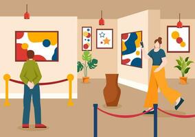 exibição visitantes vendo uma galeria com moderno abstrato pintura às contemporâneo dentro exposição corredor dentro plano desenho animado fundo vetor ilustração