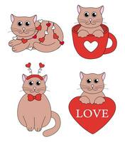 conjunto do desenho animado namorados dia gato personagens. fofa gatinhos dentro xícara, festão, arco de cabelo, em coração com amar. vetor plano ilustração.