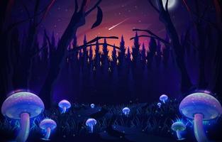 cogumelo brilhante na floresta à noite vetor
