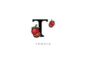 vermelho tomate fruta vetor, ótimo combinação do tomate fruta símbolo com carta t vetor