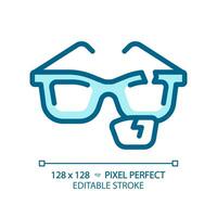 2d pixel perfeito editável azul quebrado Óculos ícone, isolado monocromático vetor, fino linha ilustração representando olho Cuidado. vetor