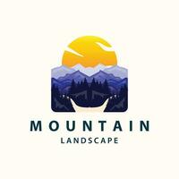panorama logotipo natureza aventura Projeto montanha e rio luxo vetor ilustração