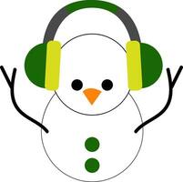 clipart do a fofa pequeno boneco de neve com verde fones de ouvido, vetor ou cor ilustração