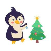 uma fofa desenho animado pinguim é decoração uma Natal árvore. vetor ilustração.