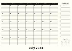 Julho 2024 por mês o negócio escrivaninha almofada calendário. vetor