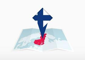 Finlândia é retratado em uma guardada papel mapa e fixado localização marcador com bandeira do Finlândia. vetor