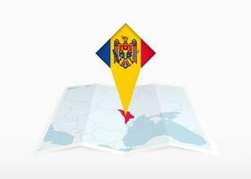 Moldova é retratado em uma guardada papel mapa e fixado localização marcador com bandeira do moldávia. vetor