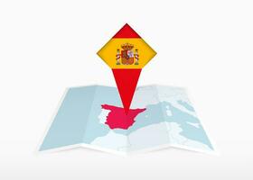 Espanha é retratado em uma guardada papel mapa e fixado localização marcador com bandeira do Espanha. vetor