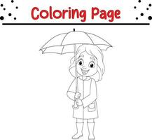 feliz pequeno menina segurando guarda-chuva coloração livro página vetor
