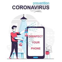 prevenção coronavirus conceito isolado dos desenhos animados. homem pulverizando desinfetante para o telefone móvel, cena de pessoas em design plano. ilustração vetorial para blog, site, aplicativo móvel, site móvel. vetor