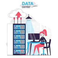 conceito de desenho animado isolado de data center. mulher que trabalha na sala de rack do servidor, cena de pessoas de hardware de rede em design plano. ilustração vetorial para blog, site, aplicativo móvel, materiais promocionais. vetor