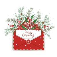 Feliz Natal e um Feliz Ano Novo. cartão com envelope, doces tradicionais e decorações. férias de inverno projetam elementos para plano de fundo, banners ou cartazes. ilustração vetorial vetor