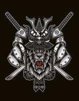 ilustração cabeça de samurai de leão com espada de duas katana vetor