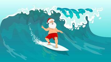 desenho animado santa surfista personagem surfar em borda vetor