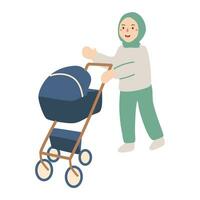 jovem mulher empurrando carrinho de criança com recém-nascido feliz mãe vetor