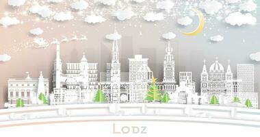 Lodz Polônia. inverno cidade Horizonte dentro papel cortar estilo com flocos de neve, lua e néon festão. Natal e Novo ano conceito. santa claus em trenó. Lodz paisagem urbana com pontos de referência. vetor