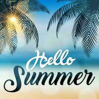 Olá verão sinal, com coco árvores às a à beira-mar, adequado para verão feriado e de praia festa, vetor ilustração