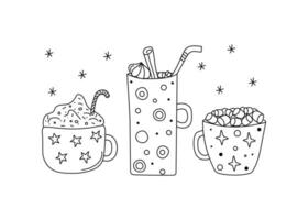 uma conjunto do copos e caneca com sobremesas. desenhos, rabiscos. café, chá dentro uma xícara, doces. nós preparar uma delicioso leite de cacau sobremesa dentro canecas, derramar marshmallows.. vetor