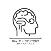 2d pixel perfeito editável Preto cérebro e olho ícone, isolado simples vetor, fino linha ilustração representando olho Cuidado. vetor