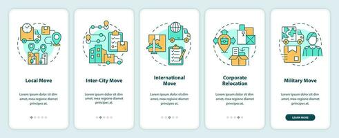 2d ícones representando comovente serviço Móvel aplicativo tela definir. passo a passo 5 passos multicolorido gráfico instruções com fino linha ícones conceito, interface do usuário, ux, gui modelo. vetor