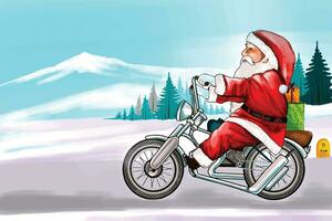 alegre Natal e feliz Novo ano com santa claus em equitação uma bicicleta cartão fundo vetor